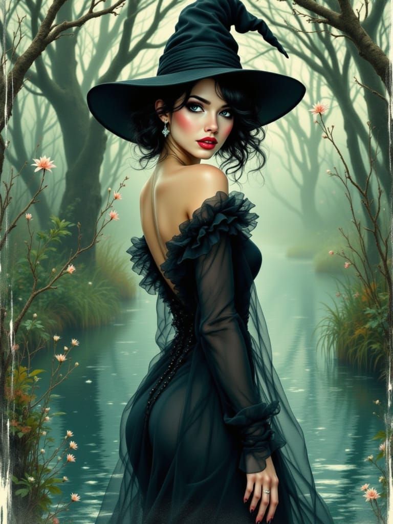 Elegant Swamp Witch in Whimsical Watercolor Style