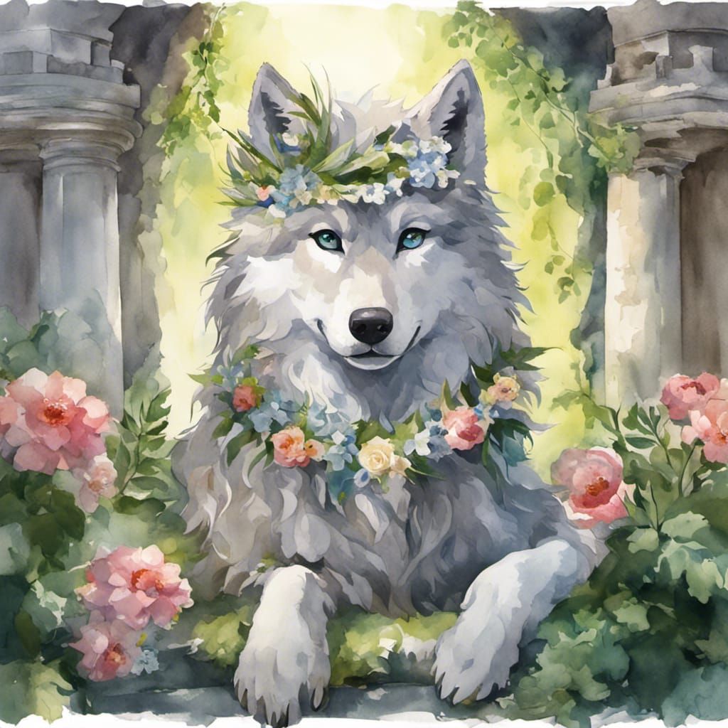 Watercolor Wolf in Ruined Roman Temple