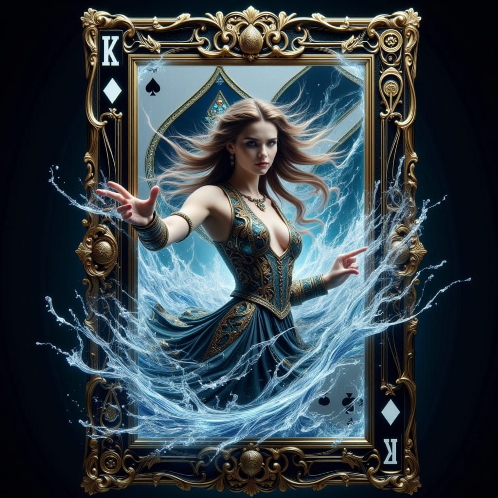 A Young Woman Breaks Through a Playing Card in a Wave of Cry...