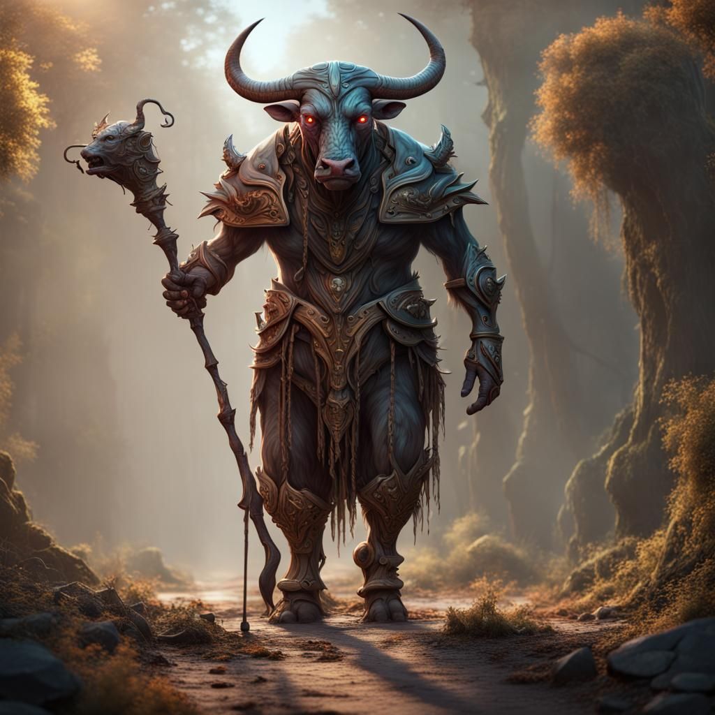 Bull-Headed Humanoid with Walking Stick: Fantasy Art