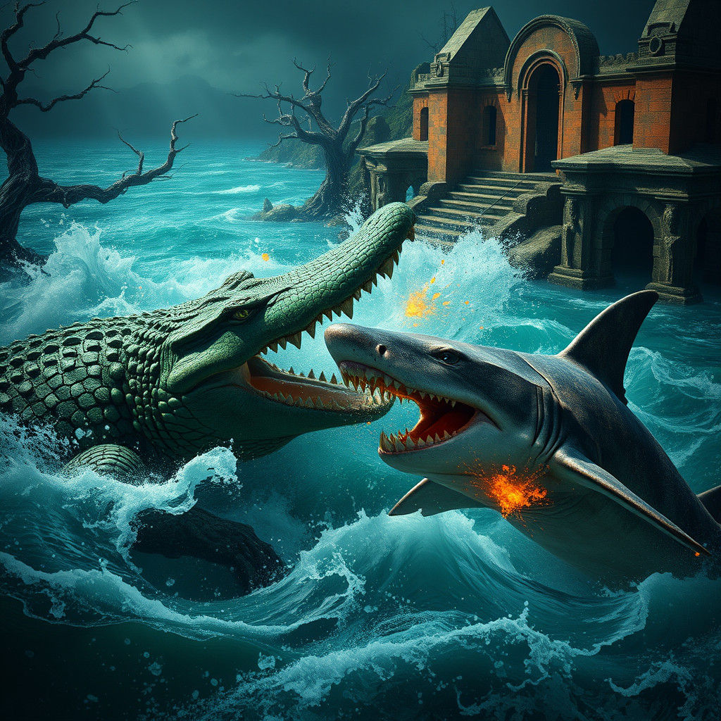 Alligator vs Bull Shark Near Ancient Ruins