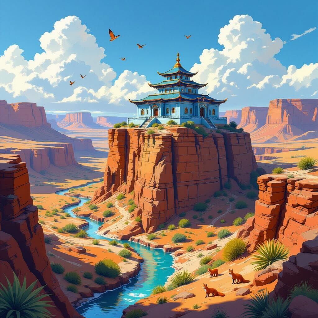 Desert Temple with Hawks and Butterflies