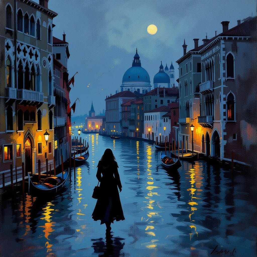 Venice Night Scene: Woman in Atmospheric Oil Painting