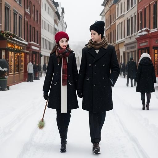 Festive Siblings Stroll Through Snowy Christmas Streets