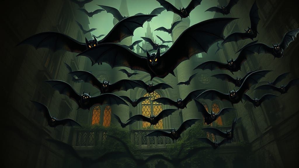 Bats in Flight over Haunted Mansion, Gothic Horror
