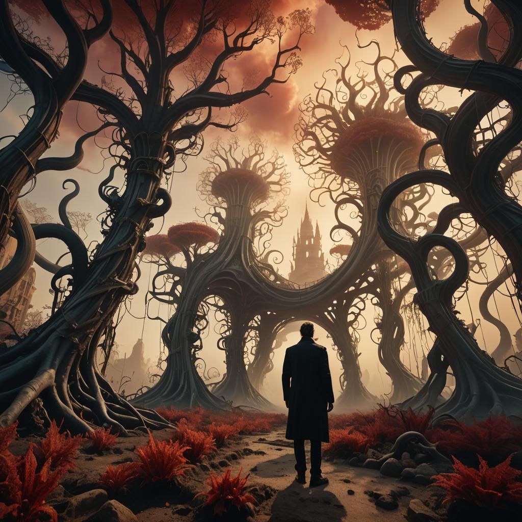 Mystical Surrealism: Dreamlike Landscape with Eerie Flora