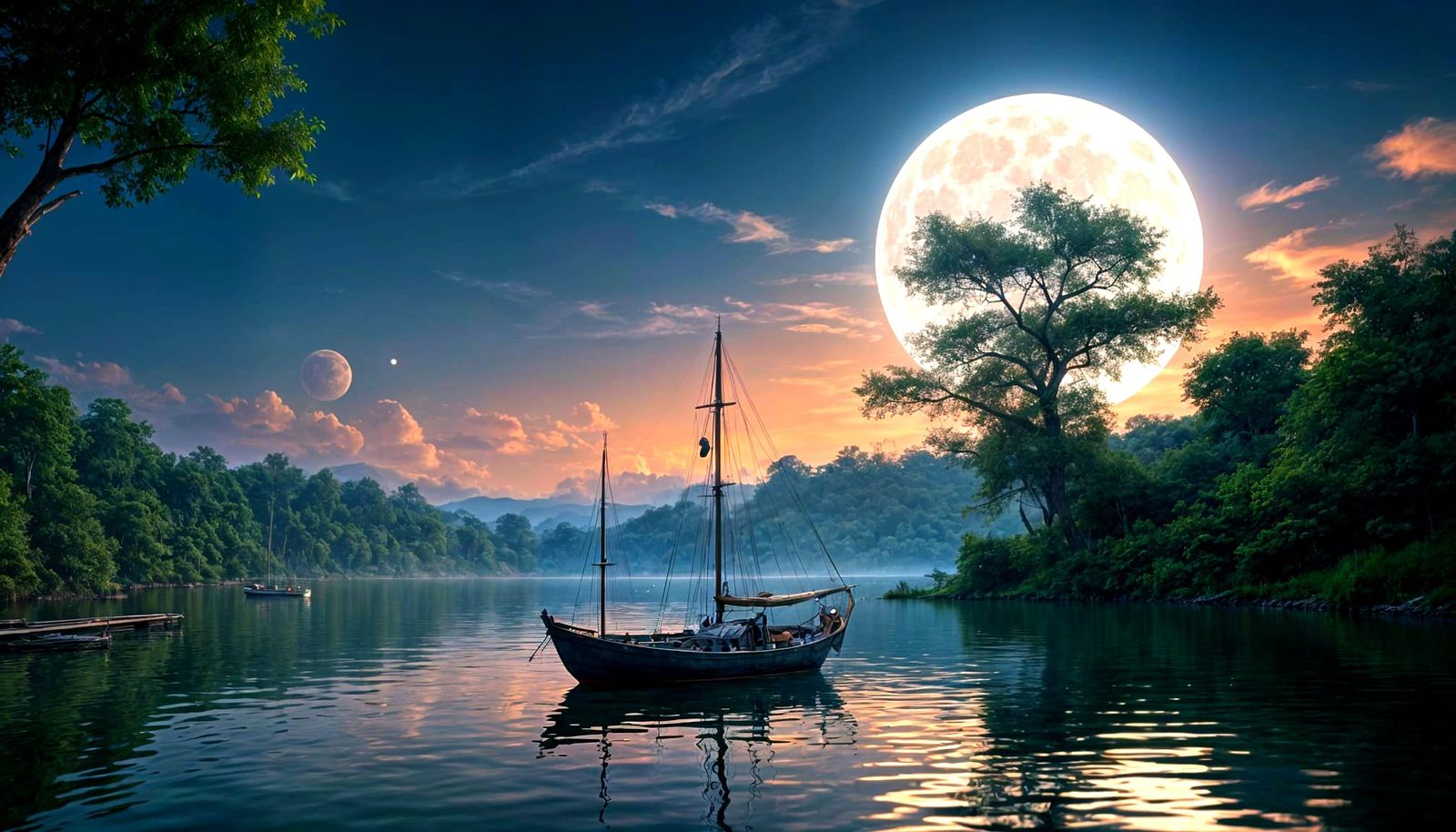 Hyperrealistic Moonlit Sailboat on Calm Lake