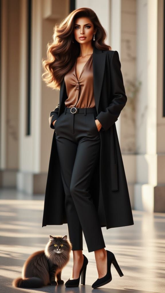Modern Woman in Fashionable Outfit with Cat