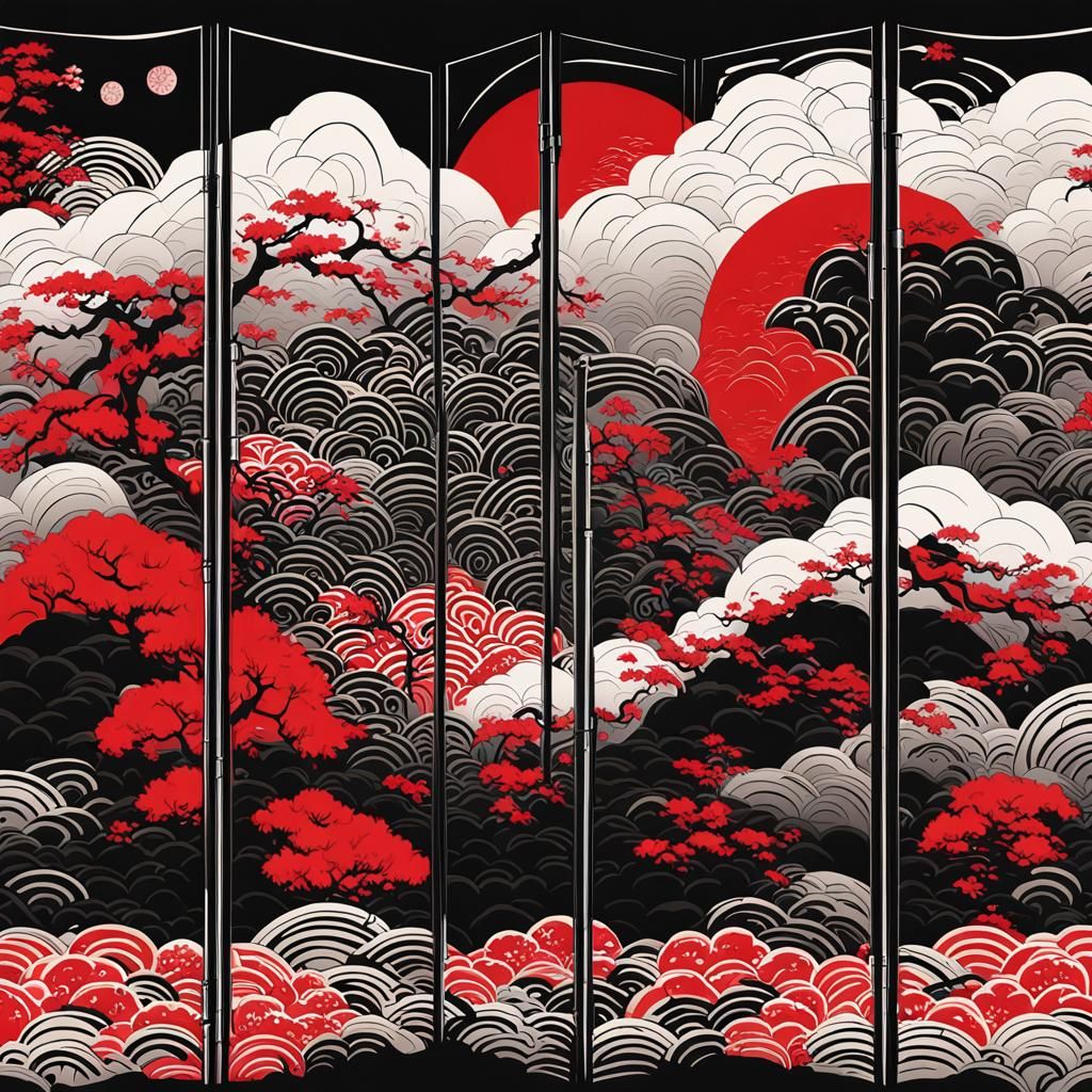 Japanese Wall Art with Geometric Patterns in Ukiyo-e Style