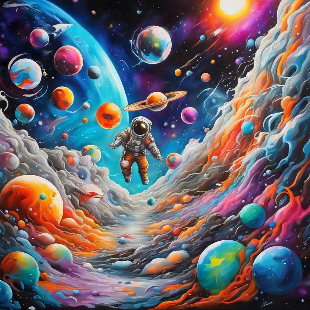 Colorful Outer Space Mural in Graffiti Art Style