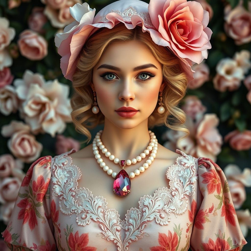 Elegant Victorian Lady in Lavish Floral Attire