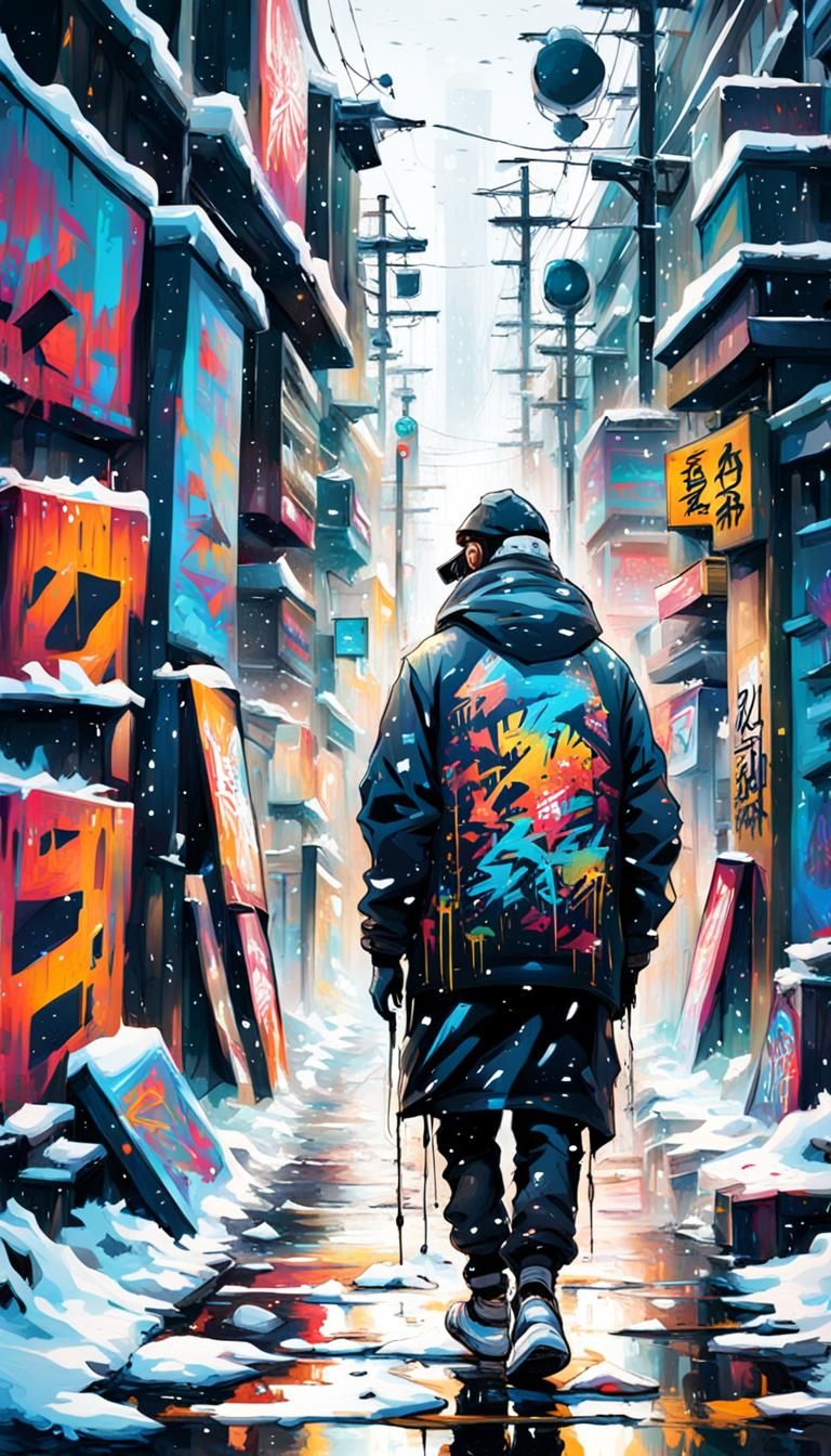 Mysterious DJ in Snowy Tokyo Graffiti Art