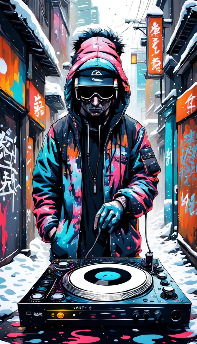 DJ Walks Snowy Tokyo Streets in Graffiti Art Style