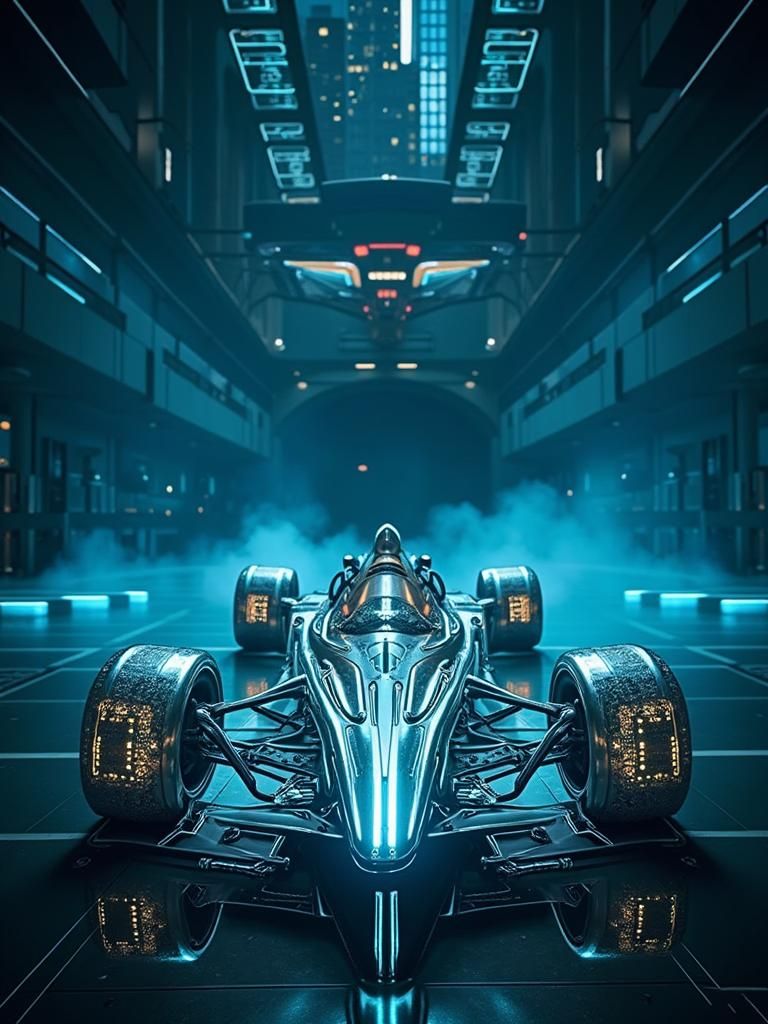 Cyberpunk Circuit Car in Futuristic Cityscape
