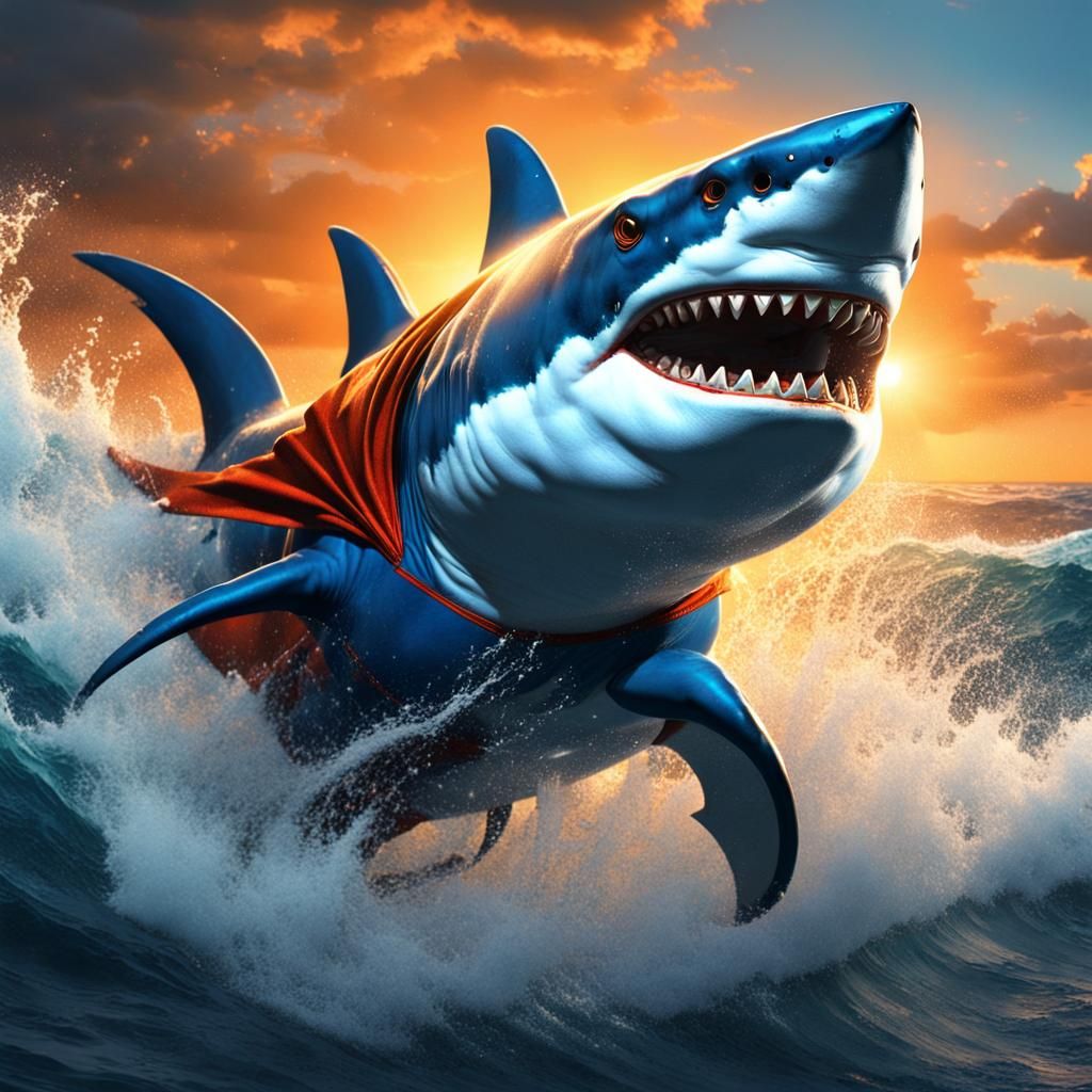 Surreal Shark in Superman Suit Breaches Ocean Surface