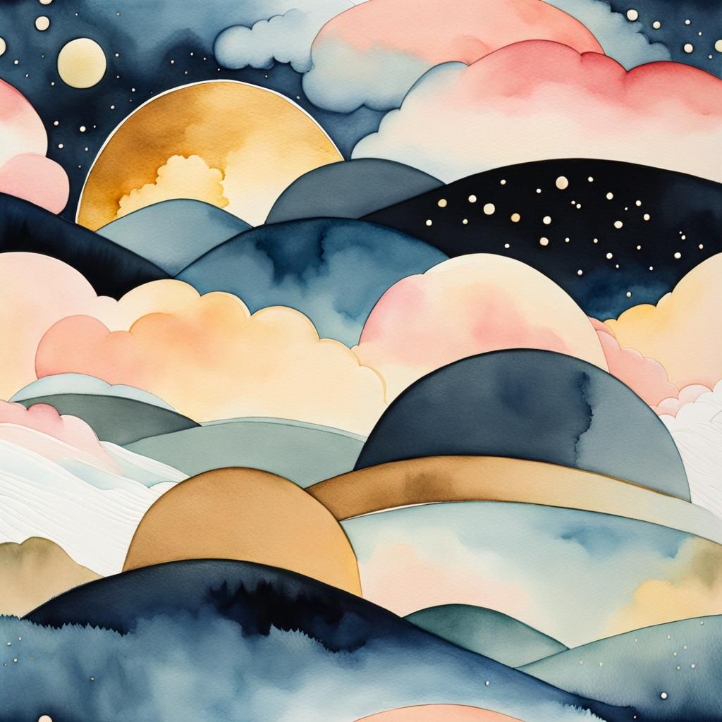 Art Deco Celestial Skyscape in Watercolor