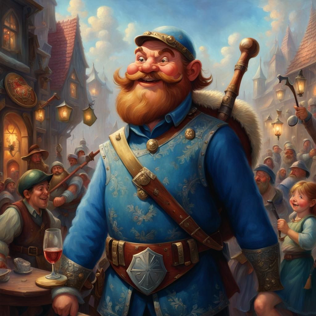 Laughing Dwarf Warrior Playing Mandolin in Tavern