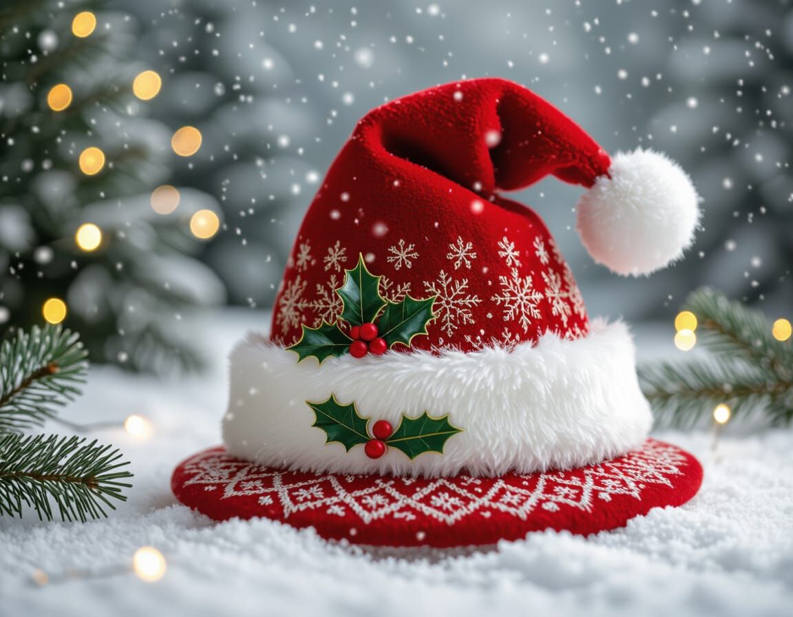 Festive Santa Hat with Golden Embroidery on Snowy Background