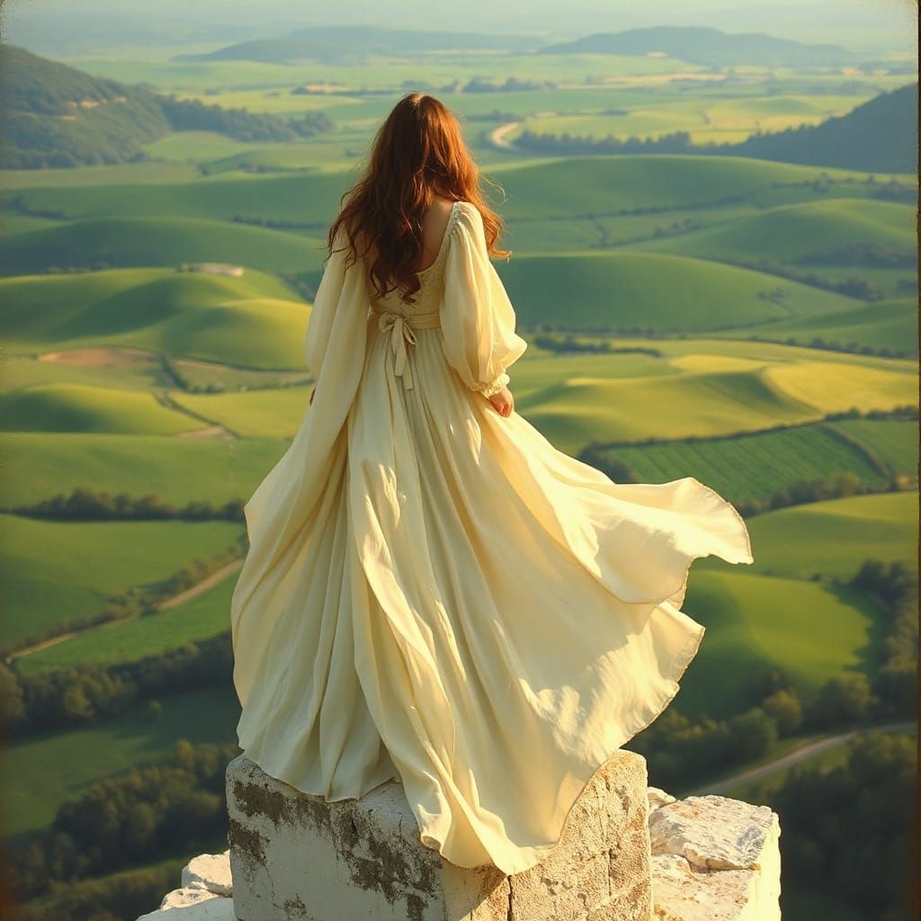 Maiden on White Tower Overlooking Green Fields