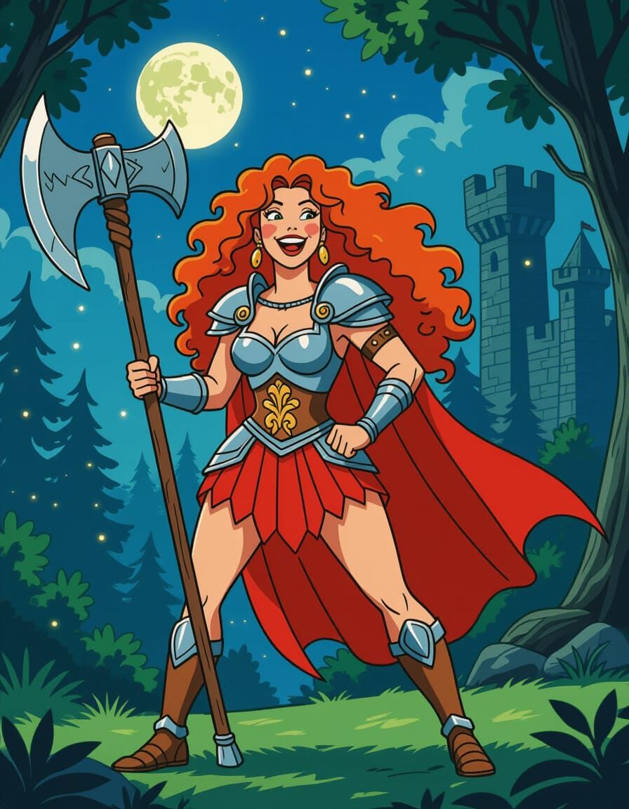 Red-Haired Barbarian Woman in She-Ra Cartoon Style