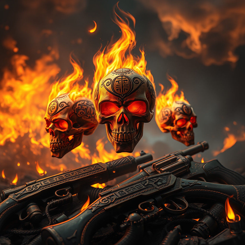 Flaming Runed Skulls with Antique Guns