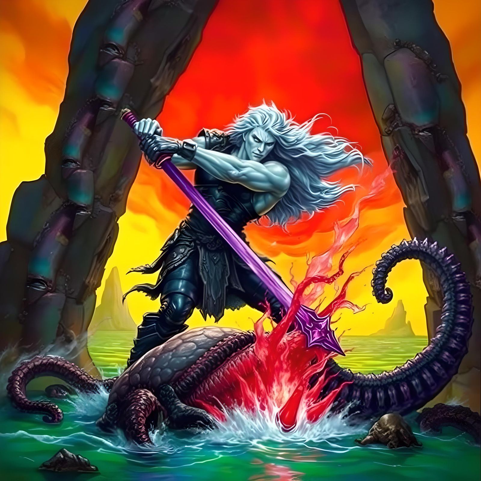 Muscular Ice Warrior vs Kraken in Dark Fantasy Painting