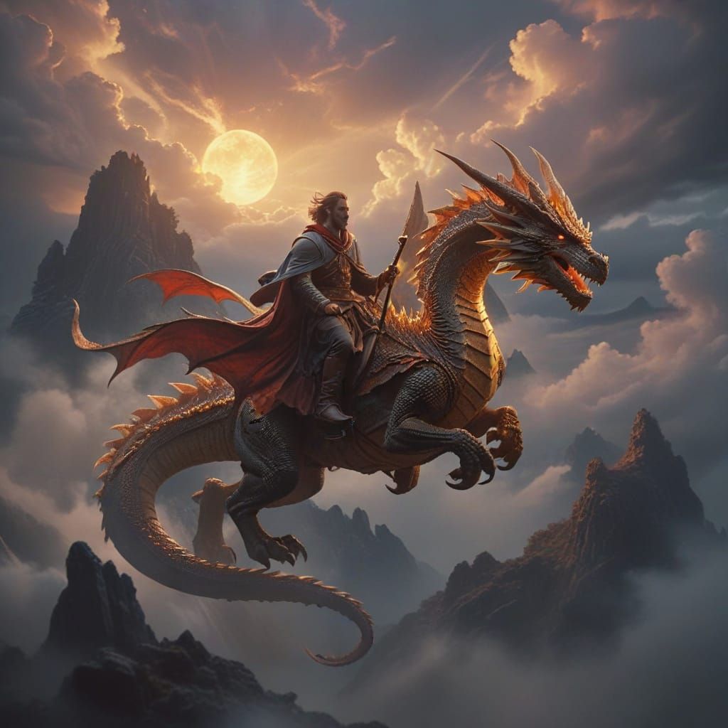 Sorcerer Rides Dragon in Cinematic Film Still