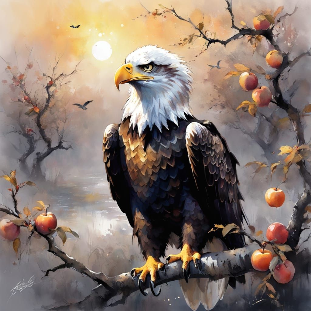 Eagle and Mouse in Orchard, Watercolor Painting