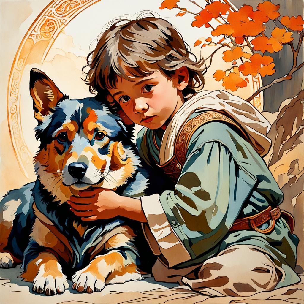Child and Pet in Impressionist Gouache Style
