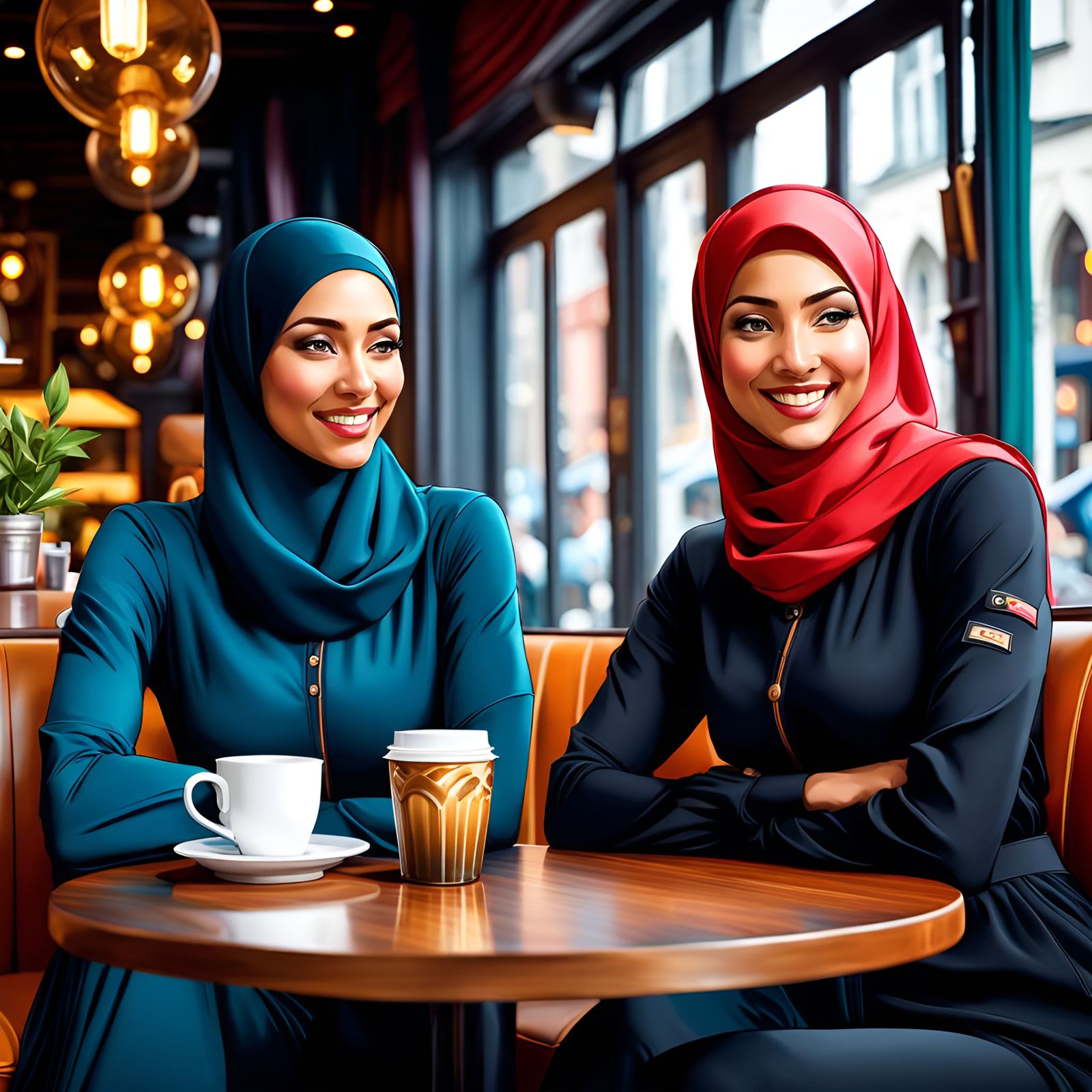 Two Hijabi Women in Cafe: Digital Art Portrait