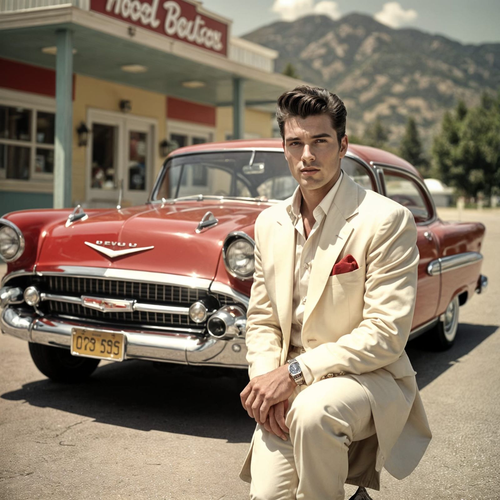 Vintage Photograph: Handsome Man with Red Chevrolet Bel Air