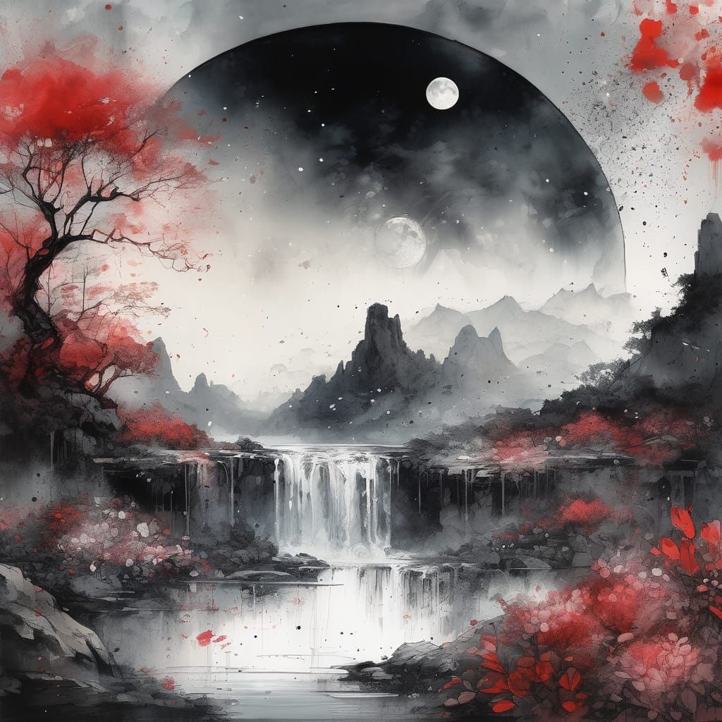 Ink Splatter Art of Moonlit Summer Landscape