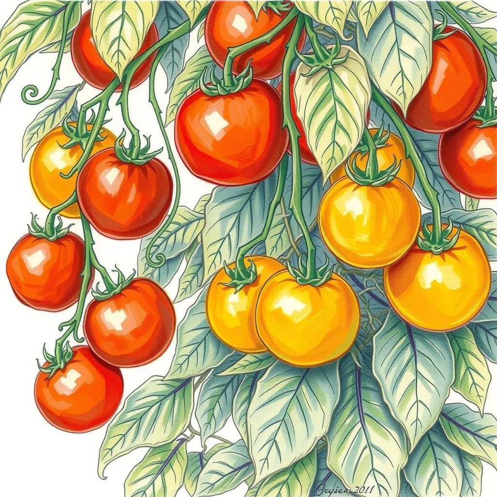 Vibrant Heirloom Tomatoes in Botanical Illustration Style