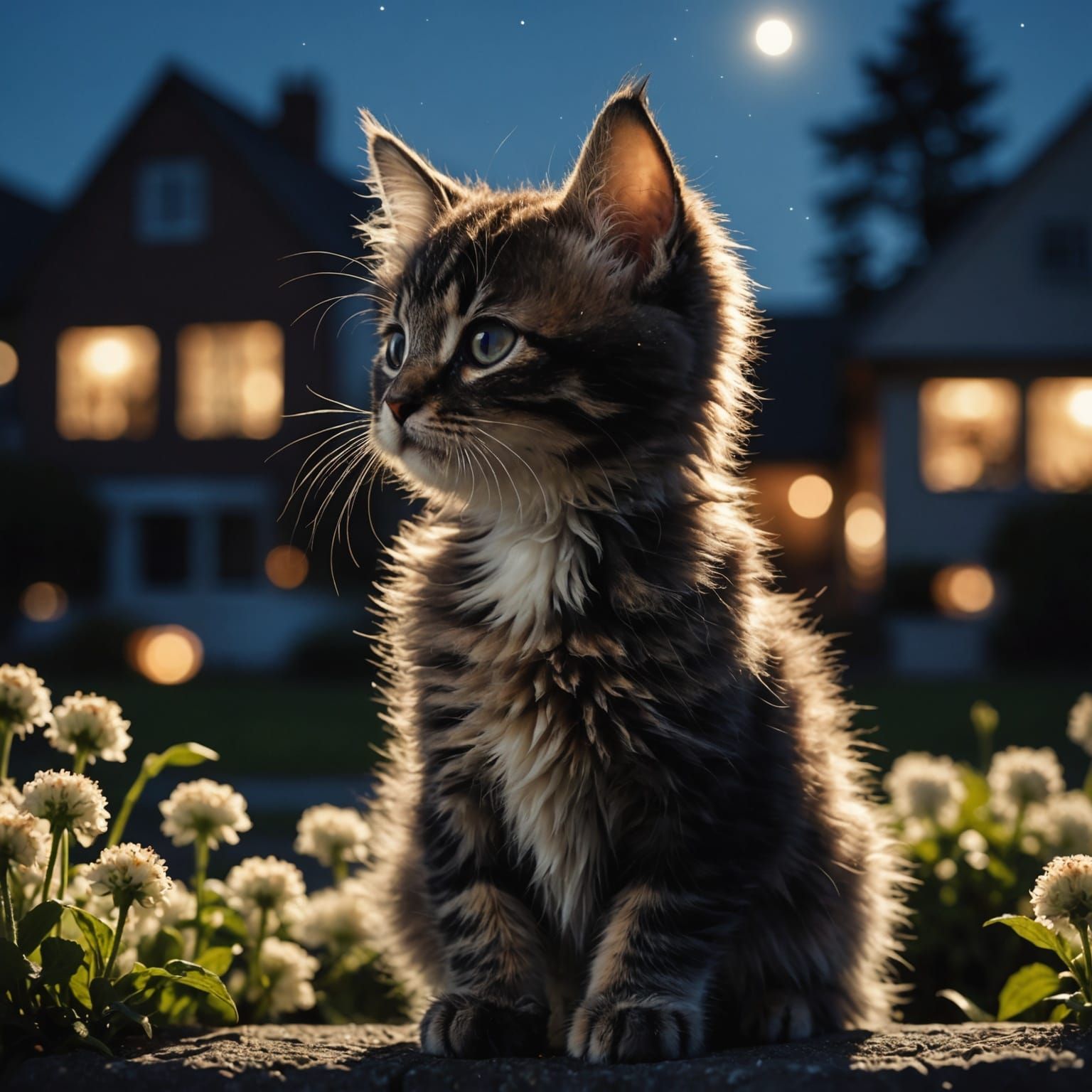 Kitten Silhouette Double Exposure in Moonlight