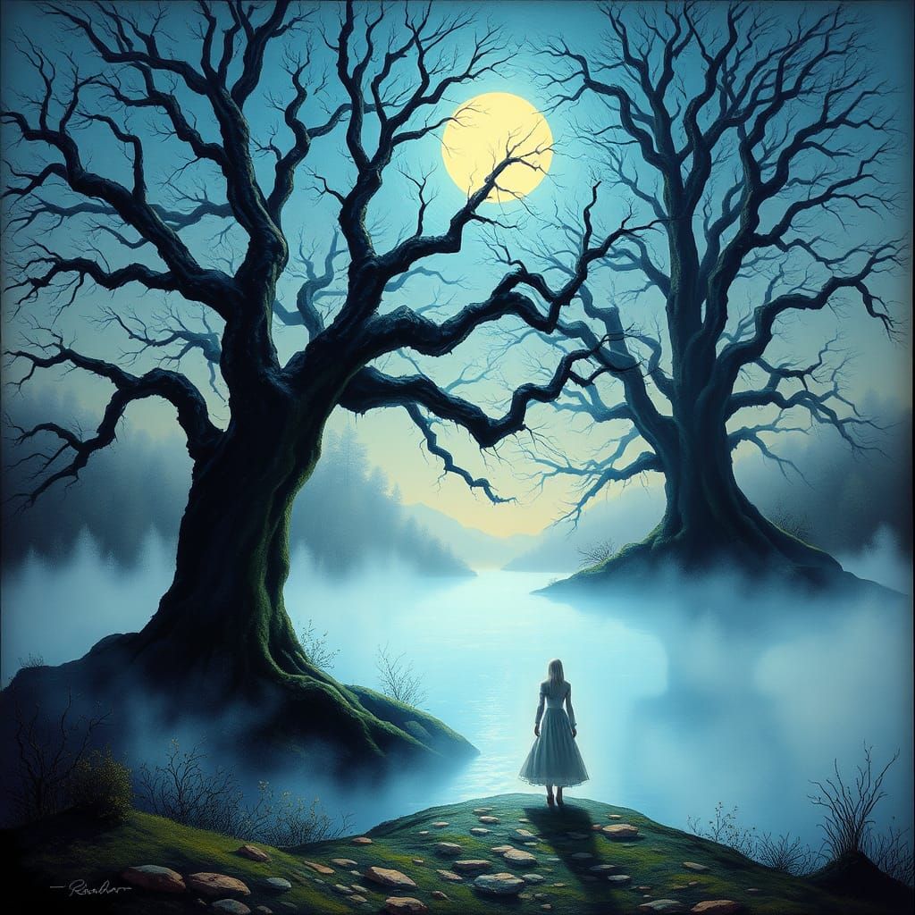 Ethereal Figure at Moonlit Lake, Surrealist Landscape