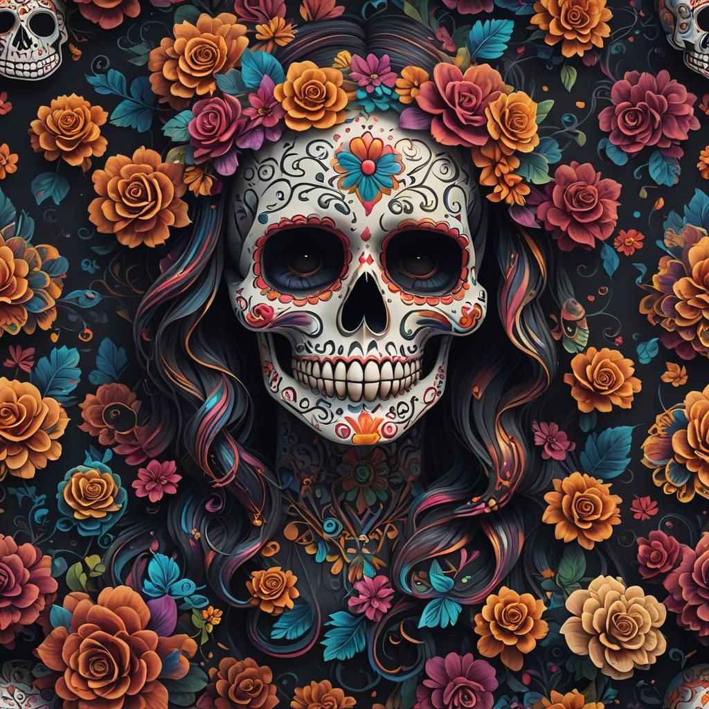 Vibrant Sugar Skull Portrait in Digital Art