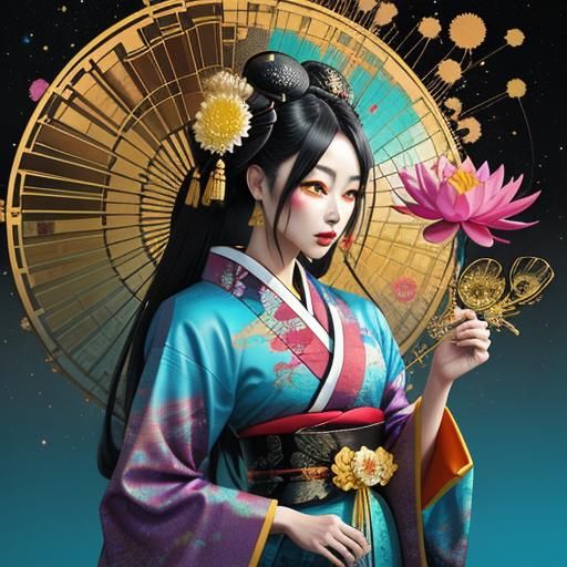 Geisha in Mirrored Reflection, Dark Fantasy Style