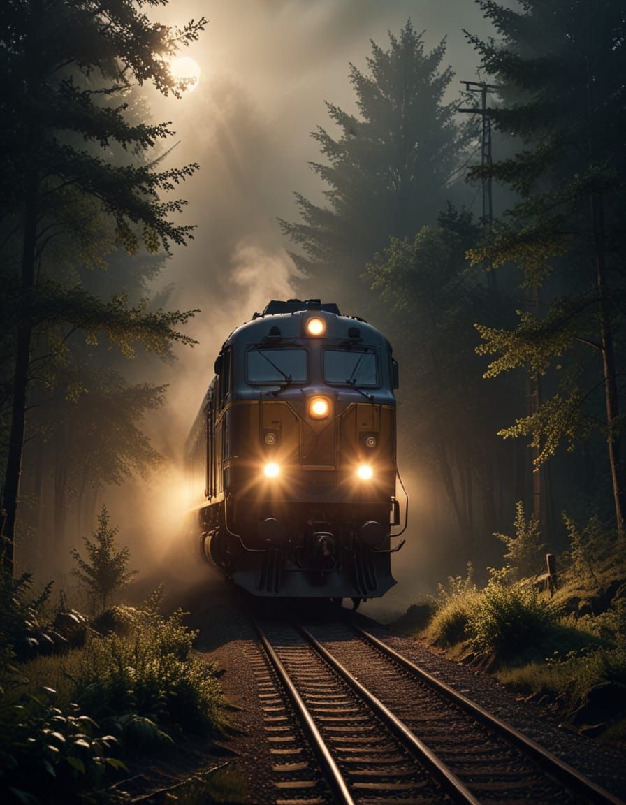 Train Speeds Through a Misty, Moonlit Forest in Industrial C...