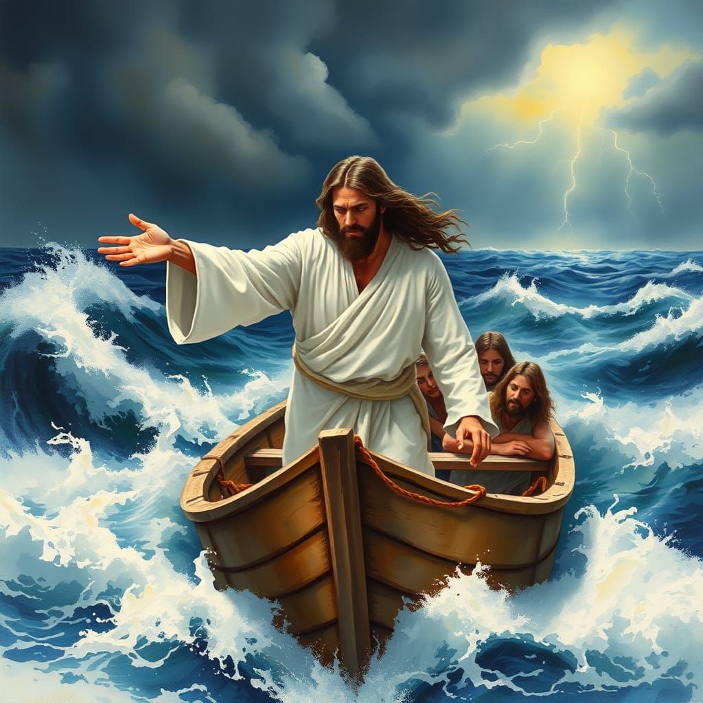 Jesus Calms the Storm in Watercolour Style