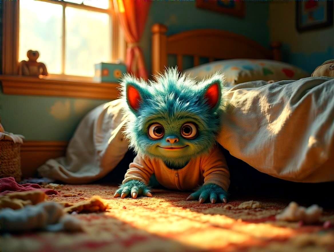 Cute Furry Monster Emerges from Under Bed