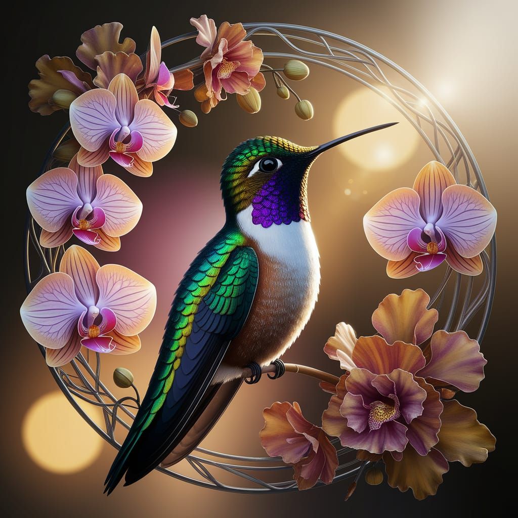 Hummingbird Portrait in Art Nouveau Style