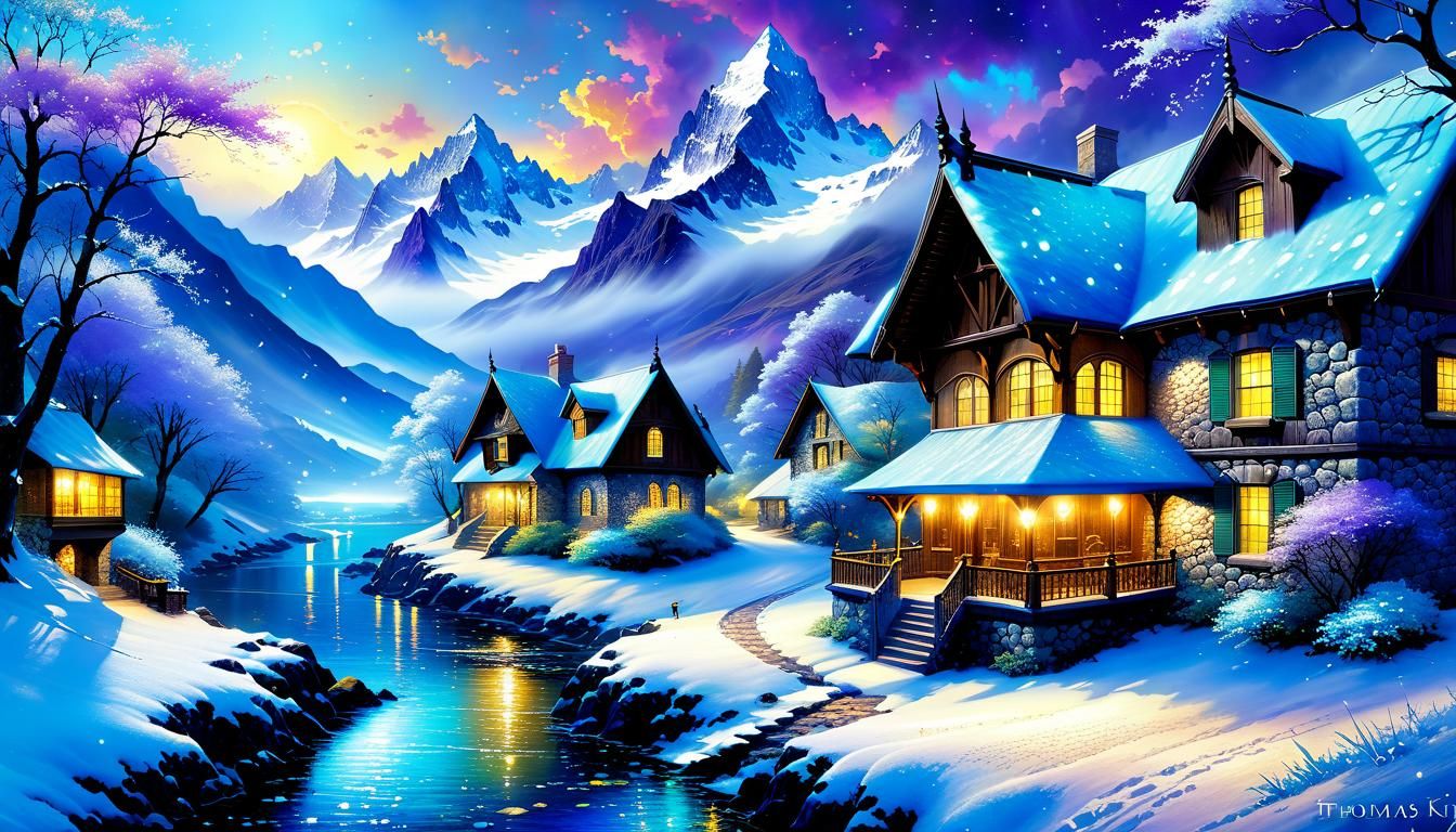 Wintry Mountain Scene in Alcohol Ink Style