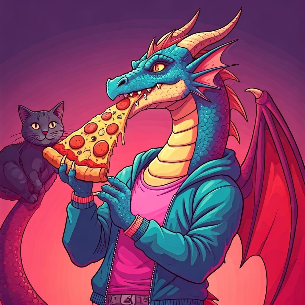 Dragon Eats Pizza in Comic Book Style