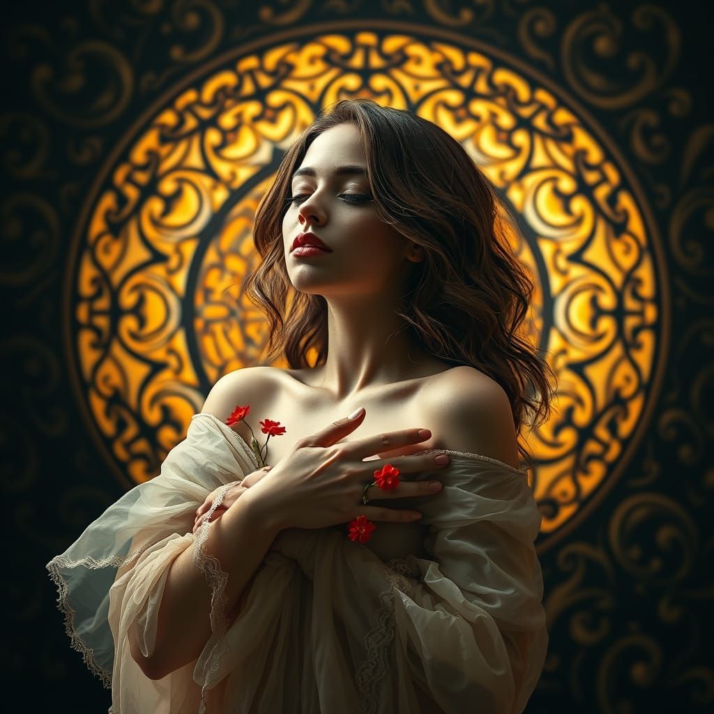 Serene Woman in Swirls with Ornate Frame