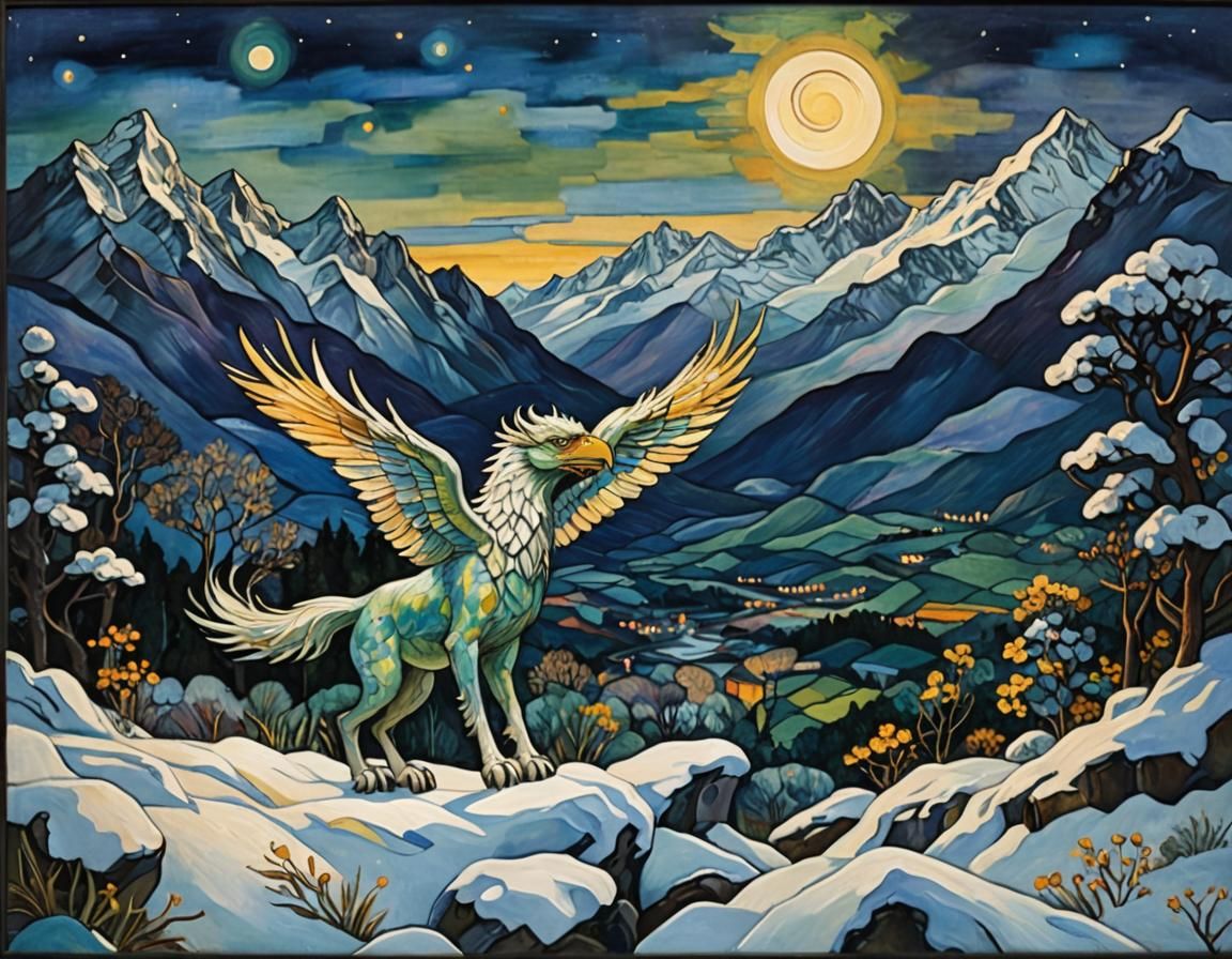 Stained Glass Mountain Griffin in Flight