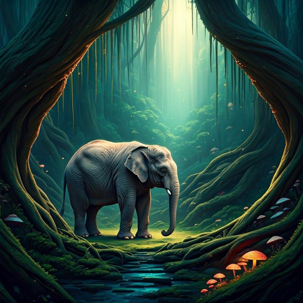 Mystical Forest Baby Elephant in Fantasy Art Style