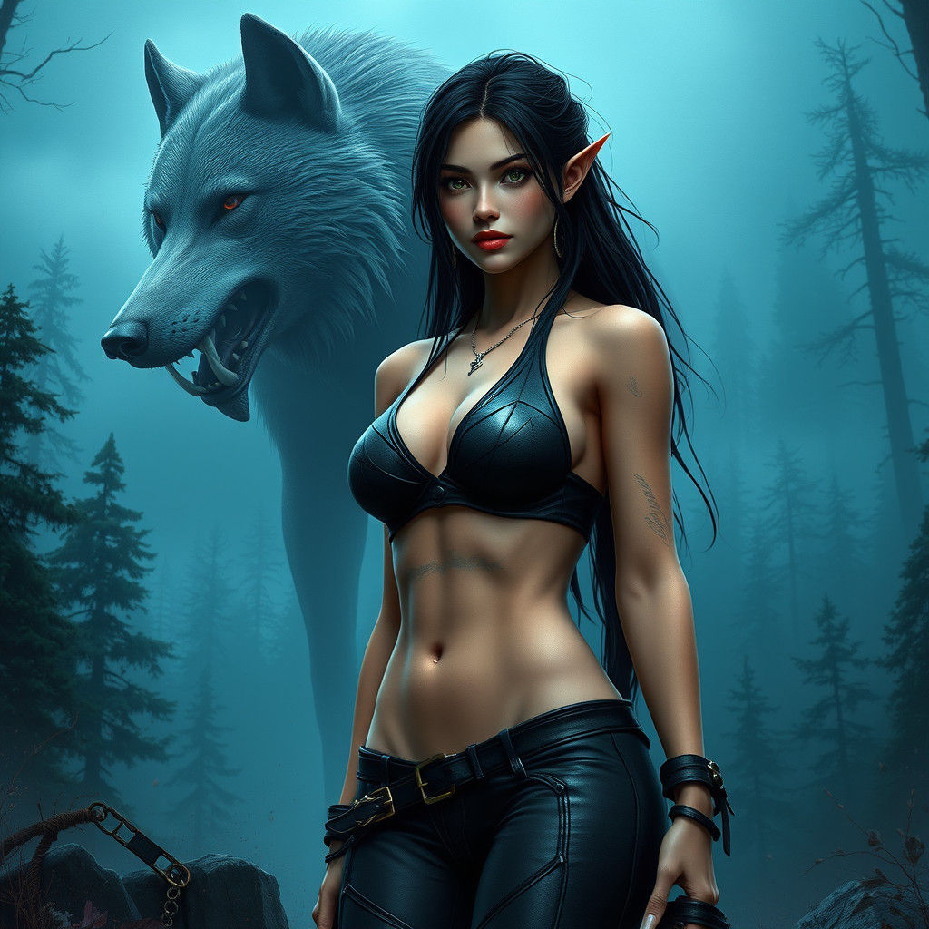 Elven Warrior with Dire Wolf in Misty Forest