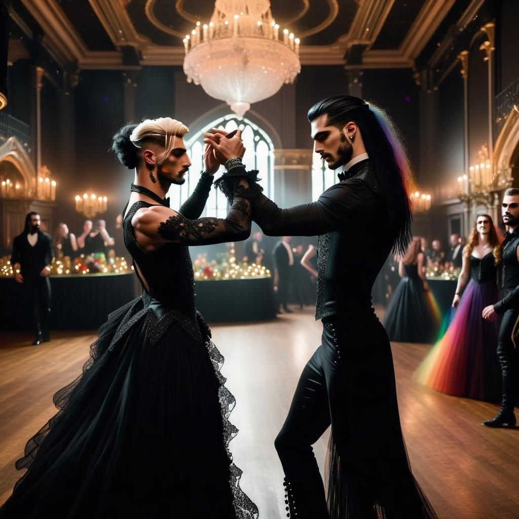 Gay Couple Dancing in Gothic Ballroom with Rainbow Decor