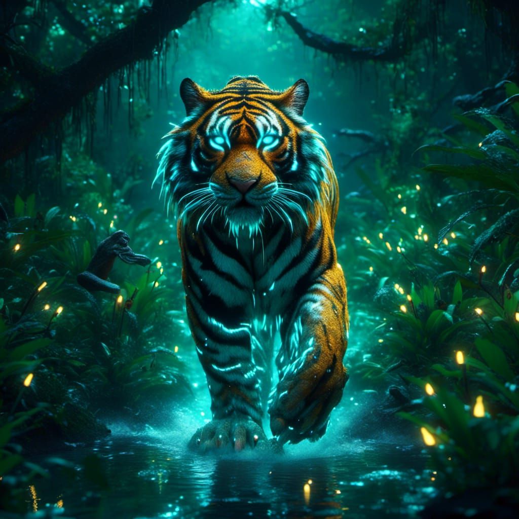 Bioluminescent Tiger in Jungle, 8K Rendering