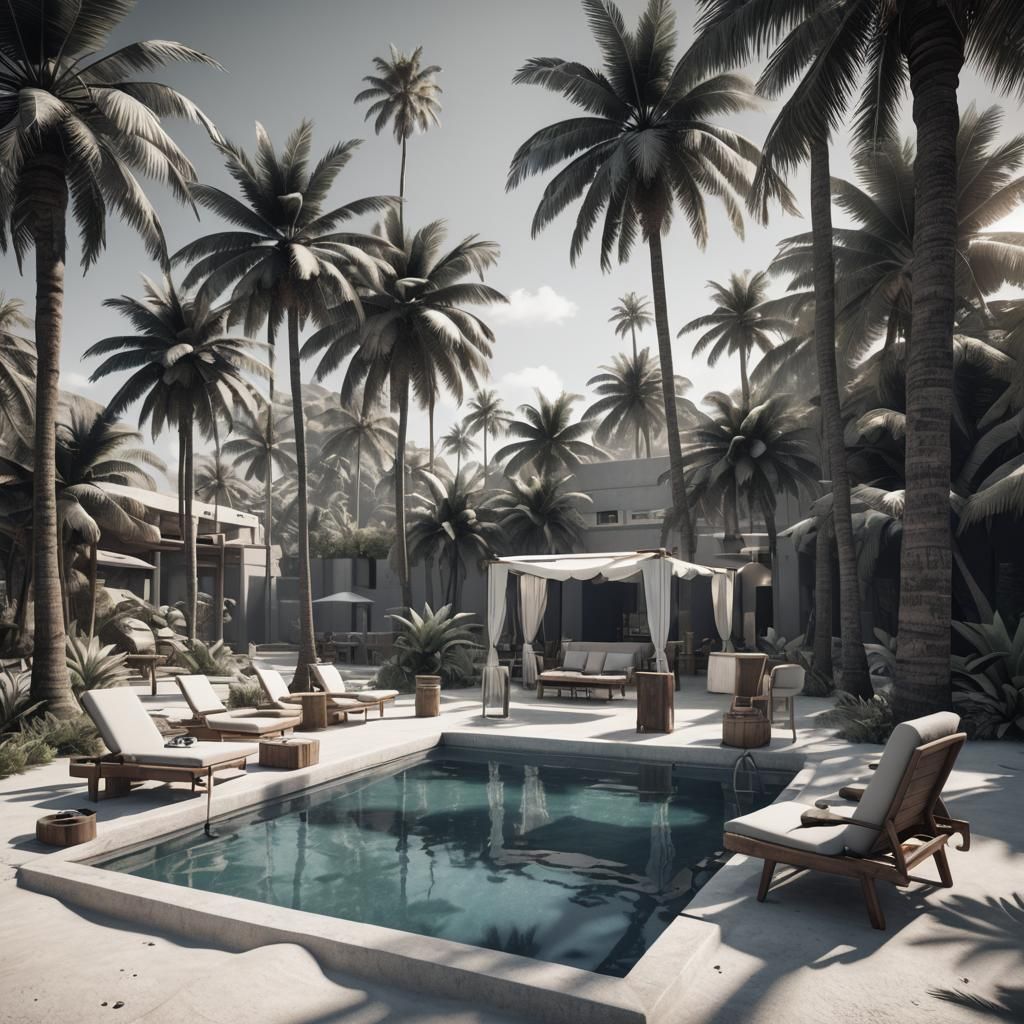 Minimalist Monochrome Tourist Pool in 3D Cinematic Style